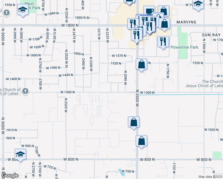 map of restaurants, bars, coffee shops, grocery stores, and more near 1321 North 2195 West in Clinton