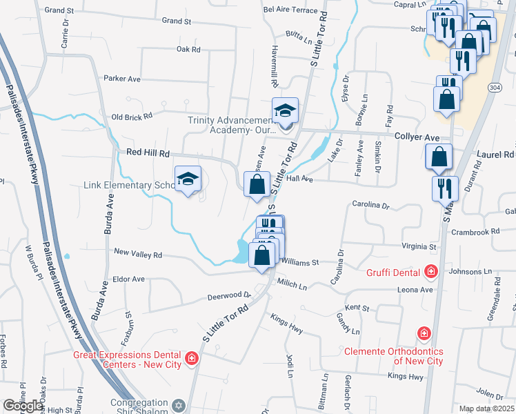 map of restaurants, bars, coffee shops, grocery stores, and more near 241 South Little Tor Road in New City