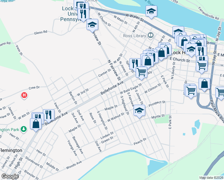 map of restaurants, bars, coffee shops, grocery stores, and more near 660 Bellefonte Avenue in Lock Haven