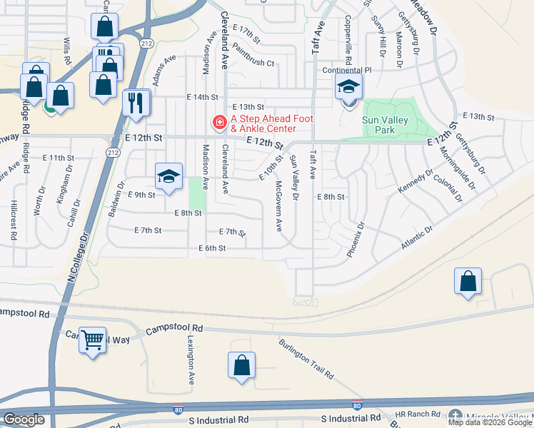 map of restaurants, bars, coffee shops, grocery stores, and more near 721 Cleveland Avenue in Cheyenne