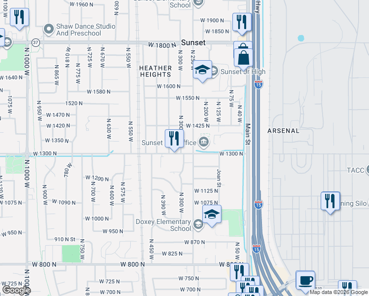 map of restaurants, bars, coffee shops, grocery stores, and more near 1318 North 300 West in Sunset