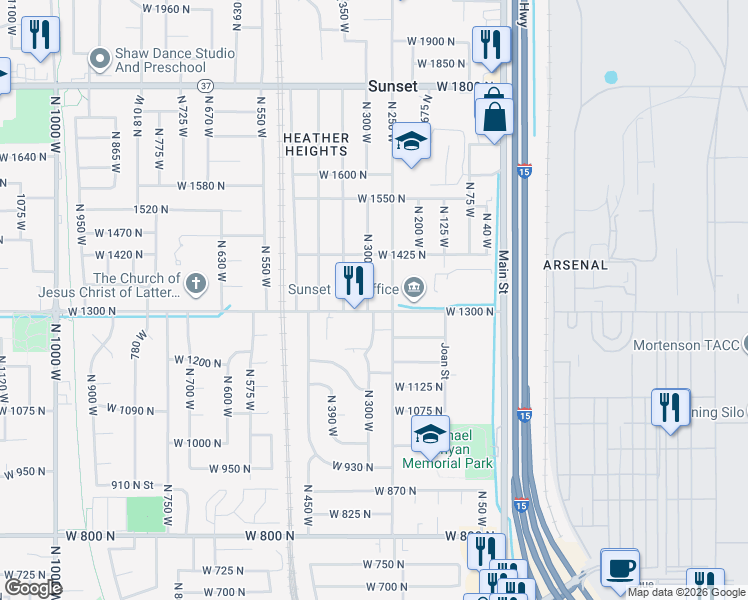 map of restaurants, bars, coffee shops, grocery stores, and more near 1318 North 300 West in Sunset