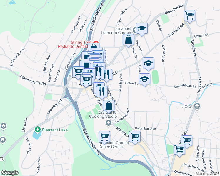 map of restaurants, bars, coffee shops, grocery stores, and more near 143 Tompkins Avenue in Pleasantville