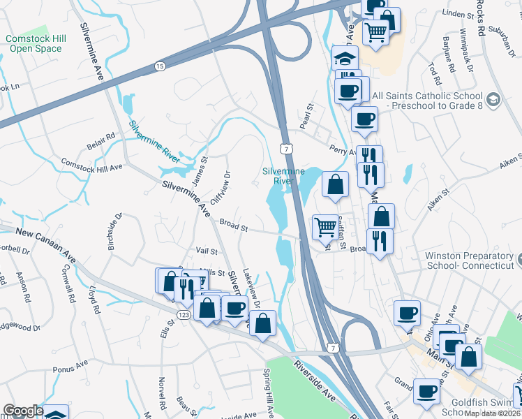 map of restaurants, bars, coffee shops, grocery stores, and more near 8 Mallard Road in Norwalk