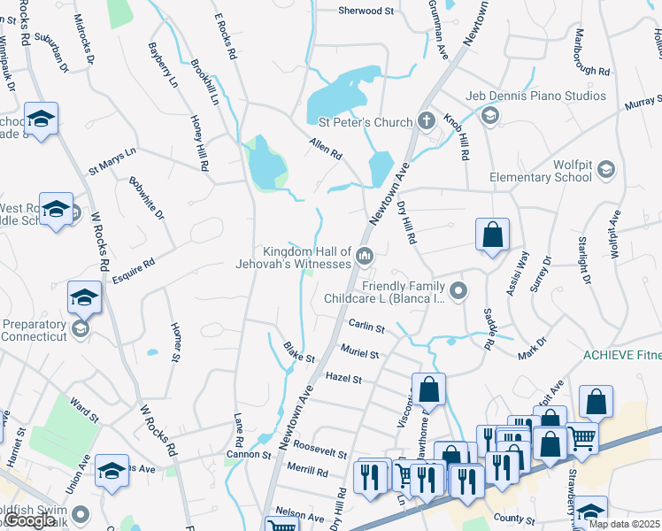 map of restaurants, bars, coffee shops, grocery stores, and more near 119 1/2 Newtown Avenue in Norwalk