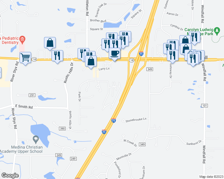map of restaurants, bars, coffee shops, grocery stores, and more near 3999 East Normandy Park Drive in Medina