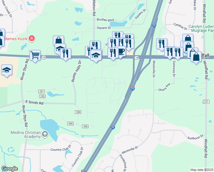 map of restaurants, bars, coffee shops, grocery stores, and more near 4198 East Normandy Park Drive in Medina
