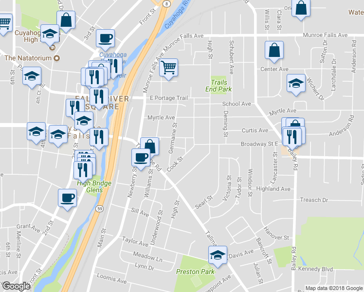 map of restaurants, bars, coffee shops, grocery stores, and more near 529 Pauline Court in Cuyahoga Falls