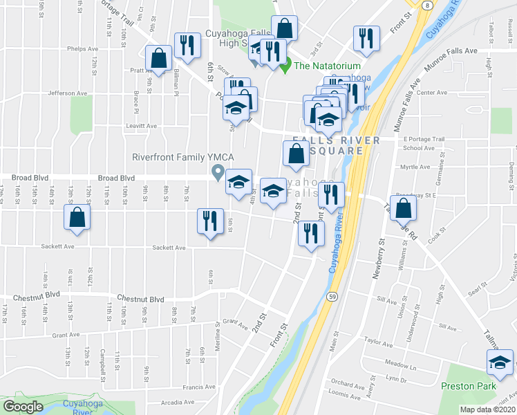 map of restaurants, bars, coffee shops, grocery stores, and more near 1913 4th Street in Cuyahoga Falls