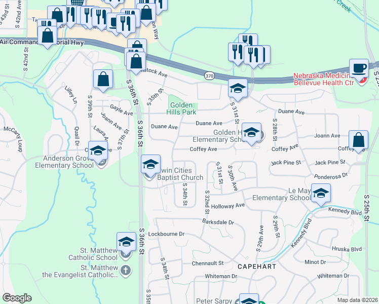 map of restaurants, bars, coffee shops, grocery stores, and more near 3307 Coffey Avenue in Bellevue