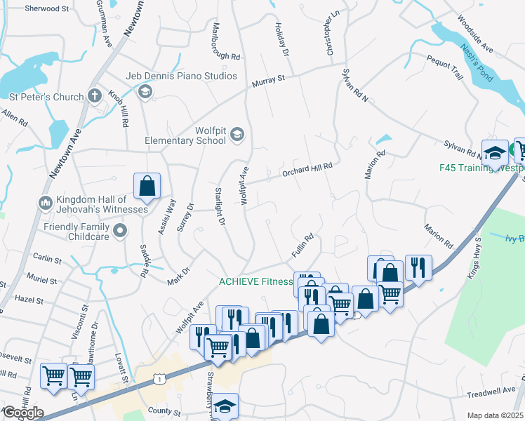 map of restaurants, bars, coffee shops, grocery stores, and more near 27 Richards Lane in Norwalk