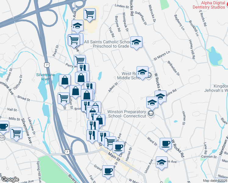 map of restaurants, bars, coffee shops, grocery stores, and more near 60 Aiken Street in Norwalk