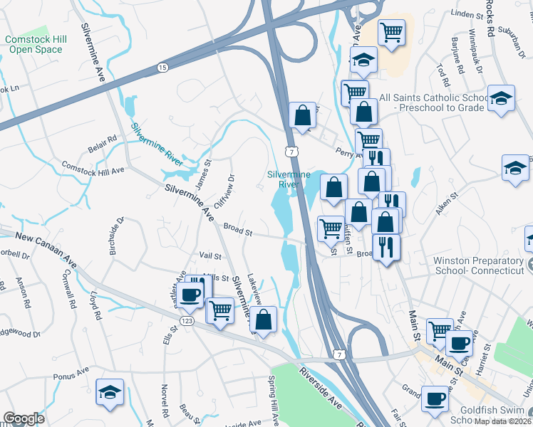 map of restaurants, bars, coffee shops, grocery stores, and more near 8 Mallard Road in Norwalk