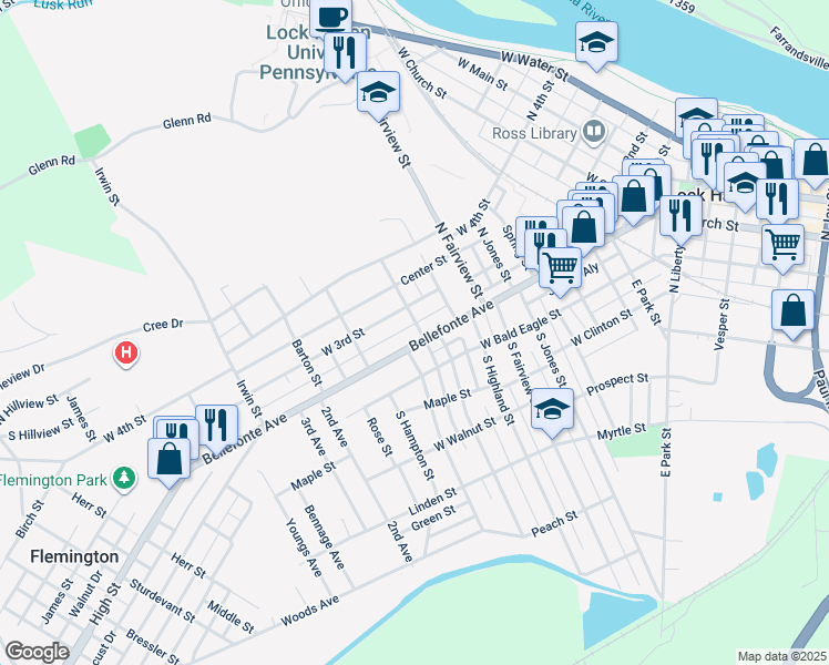 map of restaurants, bars, coffee shops, grocery stores, and more near 703 Bellefonte Avenue in Lock Haven