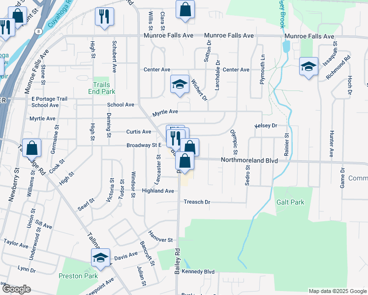 map of restaurants, bars, coffee shops, grocery stores, and more near 1911 Bailey Road in Cuyahoga Falls