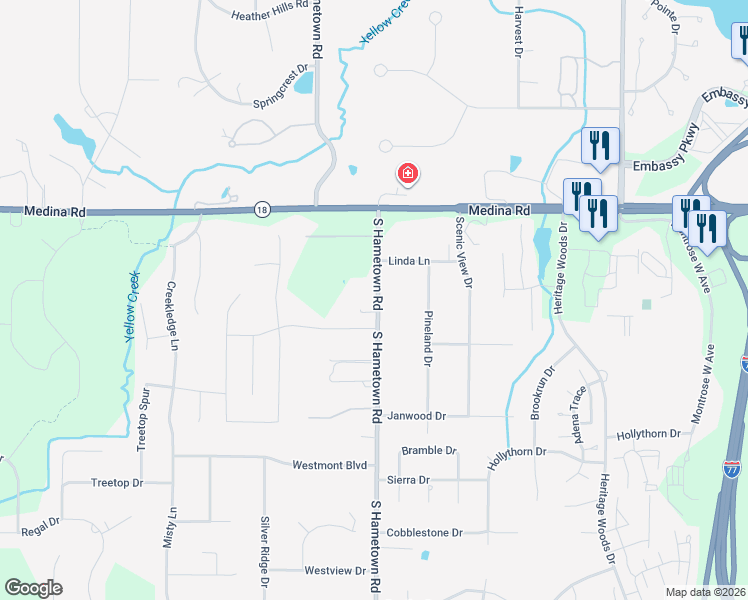 map of restaurants, bars, coffee shops, grocery stores, and more near 99 South Hametown Road in Akron