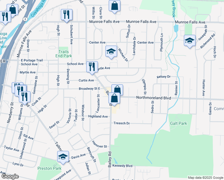 map of restaurants, bars, coffee shops, grocery stores, and more near 1911 Bailey Road in Cuyahoga Falls