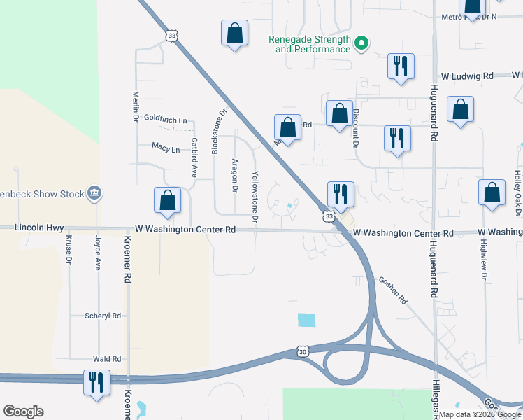 map of restaurants, bars, coffee shops, grocery stores, and more near 4610 Craftsbury Circle in Fort Wayne
