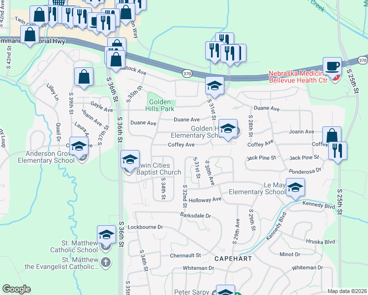 map of restaurants, bars, coffee shops, grocery stores, and more near 3209 Coffey Avenue in Bellevue