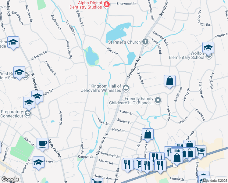 map of restaurants, bars, coffee shops, grocery stores, and more near 119 1/2 Newtown Avenue in Norwalk