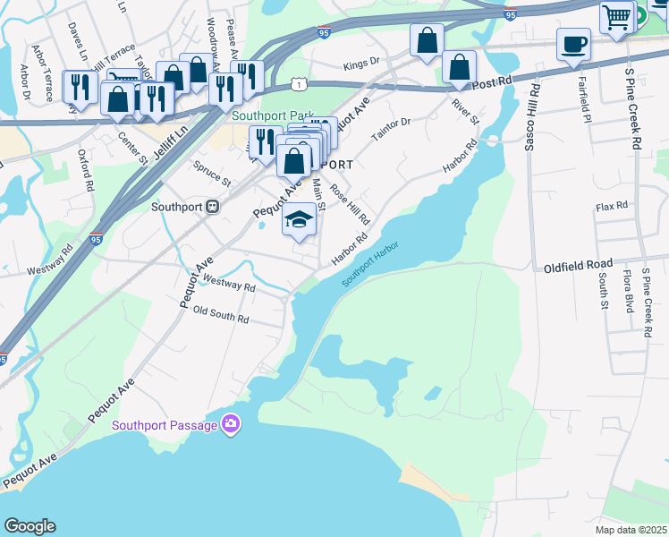 map of restaurants, bars, coffee shops, grocery stores, and more near 647 Harbor Road in Fairfield