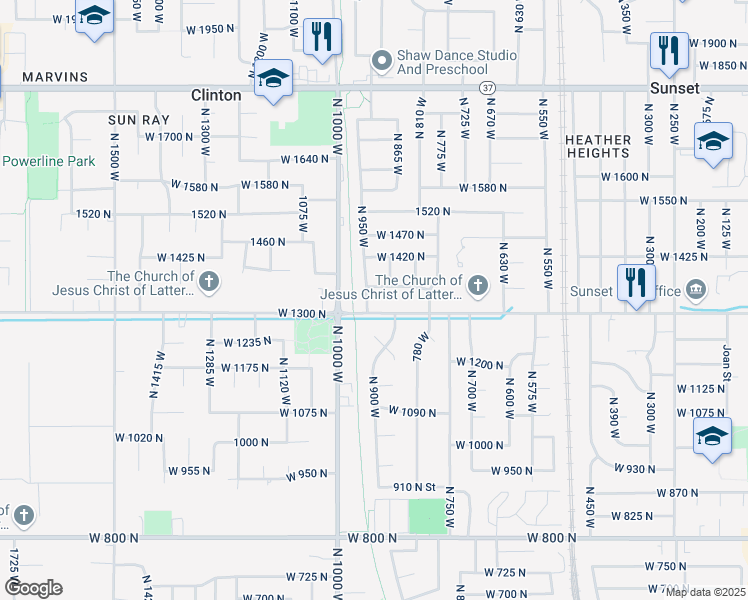 map of restaurants, bars, coffee shops, grocery stores, and more near 1332 North 950 West in Clinton