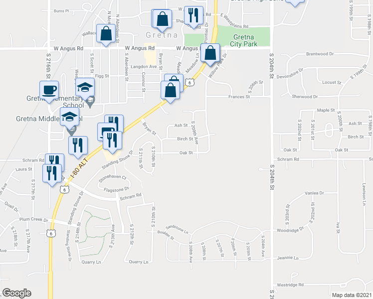 map of restaurants, bars, coffee shops, grocery stores, and more near 20914 Oak Street in Gretna