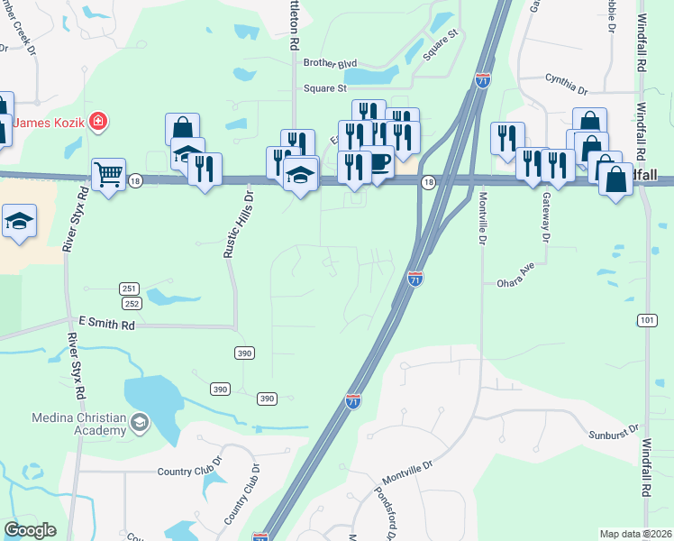 map of restaurants, bars, coffee shops, grocery stores, and more near 4198 East Normandy Park Drive in Medina
