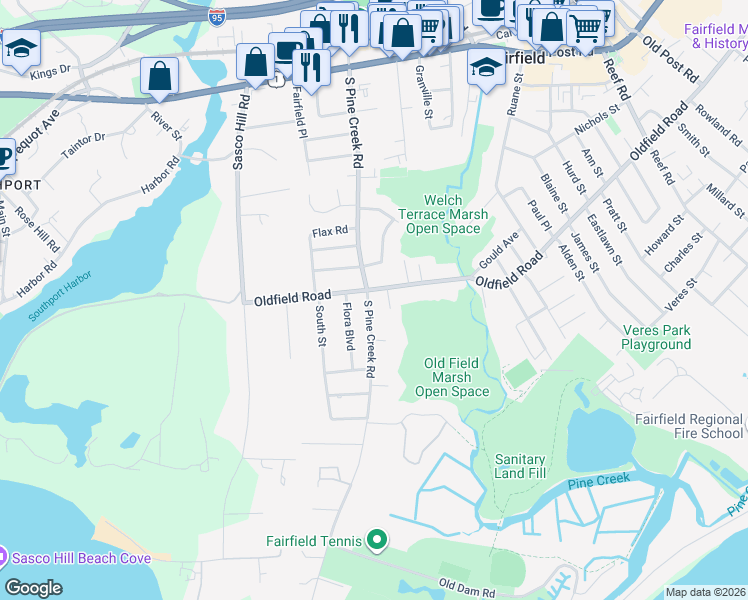 map of restaurants, bars, coffee shops, grocery stores, and more near 543 South Pine Creek Road in Fairfield