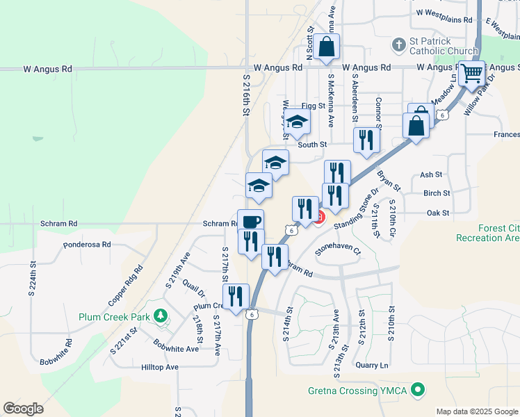 map of restaurants, bars, coffee shops, grocery stores, and more near 11717 South 216th Street in Gretna