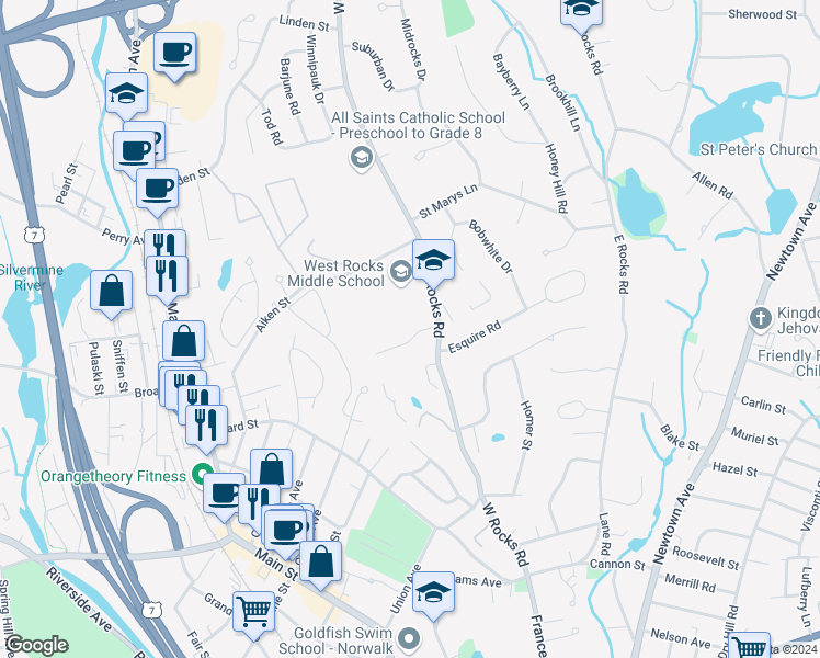map of restaurants, bars, coffee shops, grocery stores, and more near 6 Rudolf Lane in Norwalk