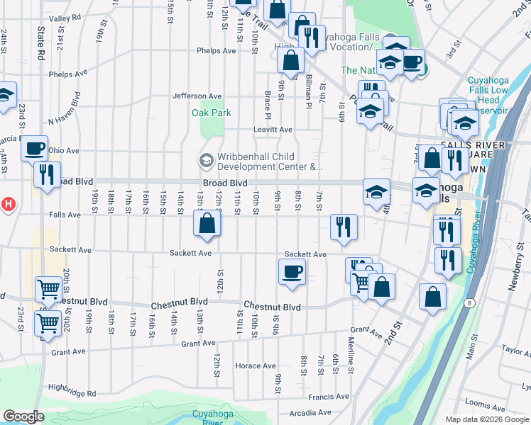 map of restaurants, bars, coffee shops, grocery stores, and more near 931 Falls Avenue in Cuyahoga Falls