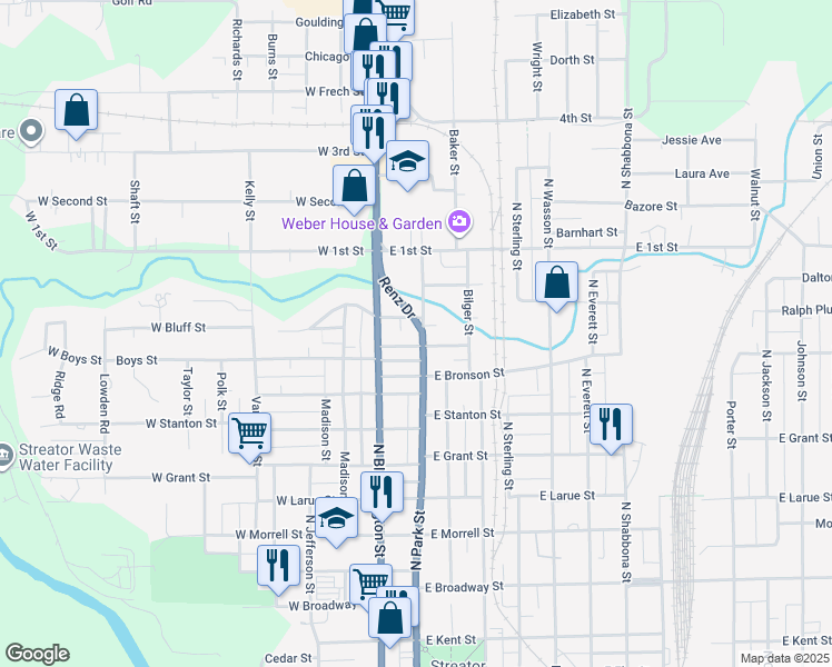 map of restaurants, bars, coffee shops, grocery stores, and more near 1204 North Park Street in Streator