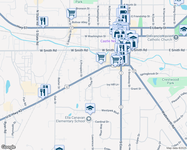 map of restaurants, bars, coffee shops, grocery stores, and more near 330 Lafayette Road in Medina