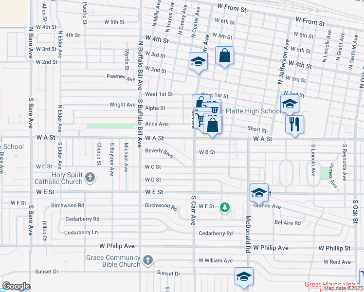 map of restaurants, bars, coffee shops, grocery stores, and more near 116 South Erma Avenue in North Platte