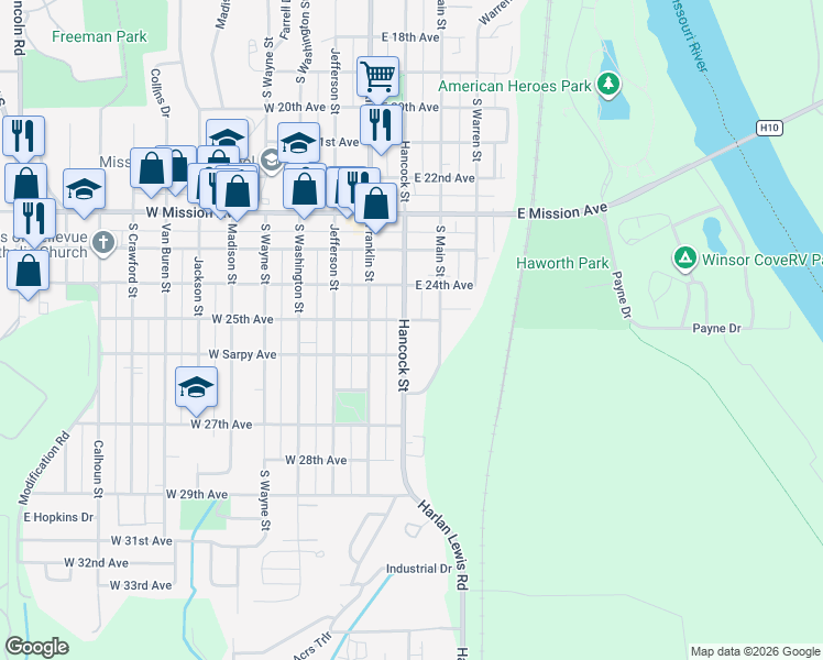 map of restaurants, bars, coffee shops, grocery stores, and more near 2503 Hancock Street in Bellevue