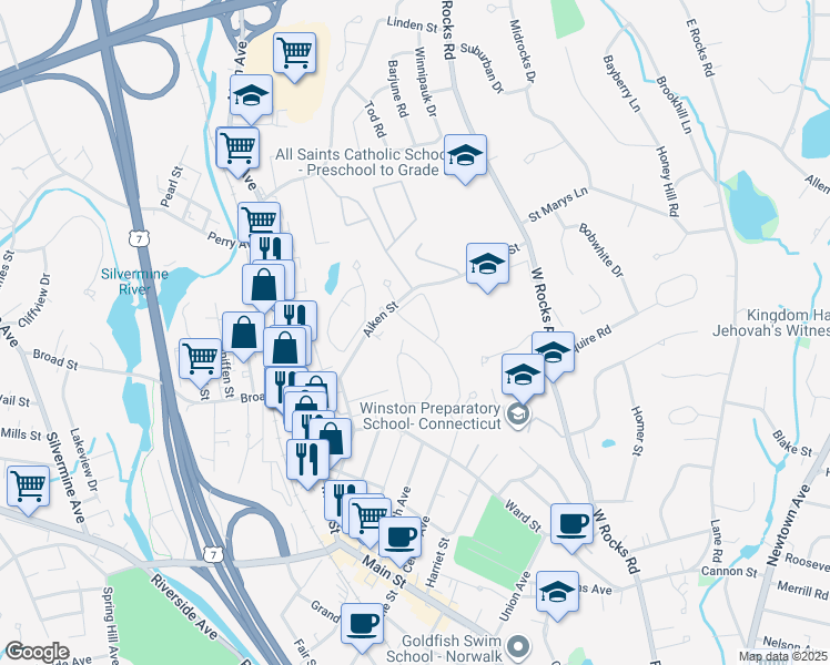 map of restaurants, bars, coffee shops, grocery stores, and more near 198 Sunrise Hill Road in Norwalk