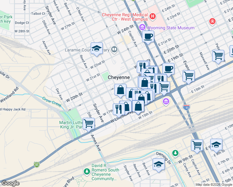 map of restaurants, bars, coffee shops, grocery stores, and more near 1808 O Neil Avenue in Cheyenne