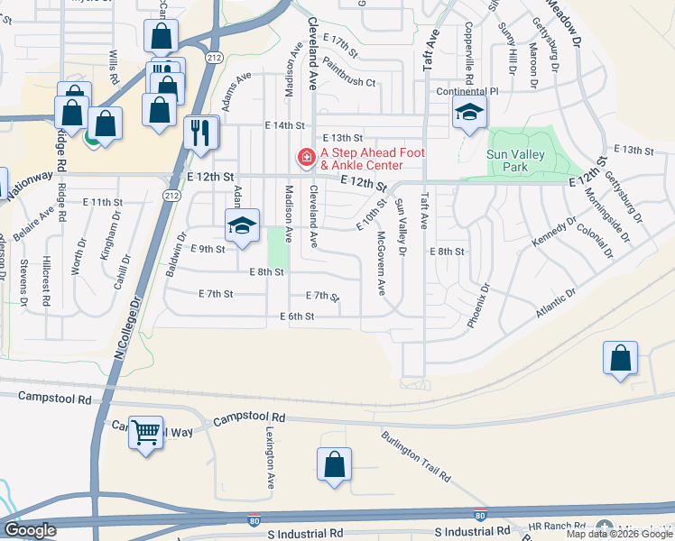 map of restaurants, bars, coffee shops, grocery stores, and more near 4504 East 8th Street in Cheyenne