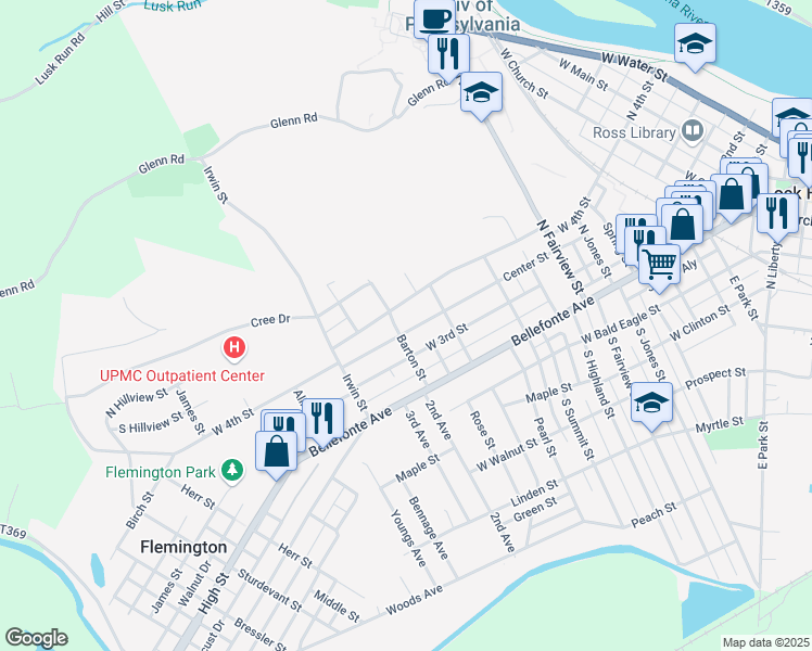 map of restaurants, bars, coffee shops, grocery stores, and more near 335 Center Street in Lock Haven