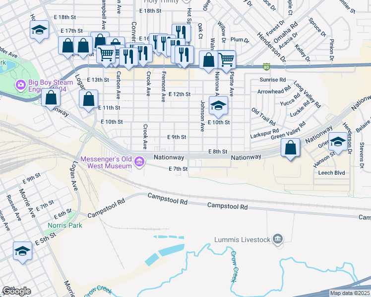map of restaurants, bars, coffee shops, grocery stores, and more near 804 Hot Springs Avenue in Cheyenne