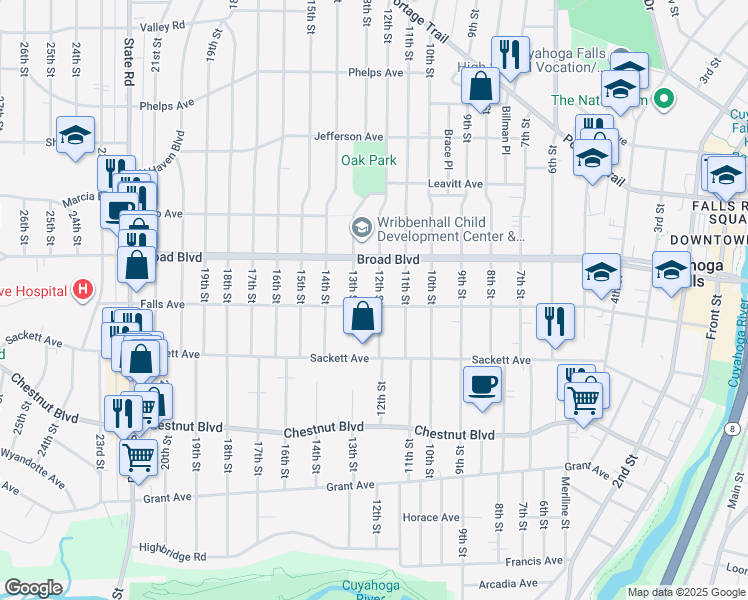 map of restaurants, bars, coffee shops, grocery stores, and more near 1209 Falls Avenue in Cuyahoga Falls