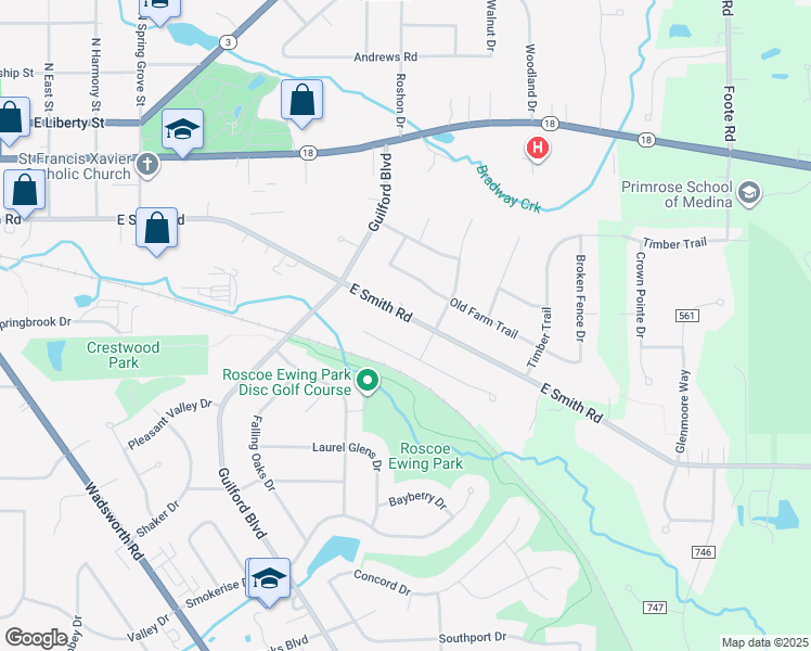 map of restaurants, bars, coffee shops, grocery stores, and more near 920 East Smith Road in Medina