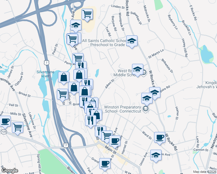 map of restaurants, bars, coffee shops, grocery stores, and more near 60 Aiken Street in Norwalk