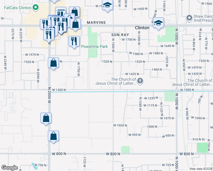 map of restaurants, bars, coffee shops, grocery stores, and more near 1329 North 1535 West in Clinton
