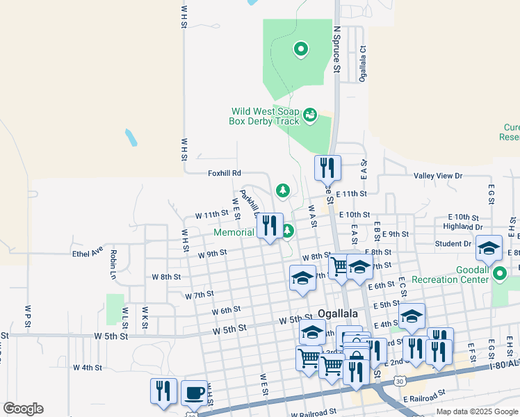 map of restaurants, bars, coffee shops, grocery stores, and more near 1009 Parkhill Drive in Ogallala
