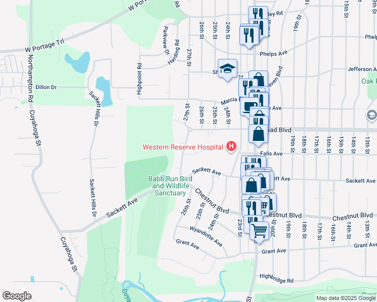 map of restaurants, bars, coffee shops, grocery stores, and more near 1915 26th Street in Cuyahoga Falls