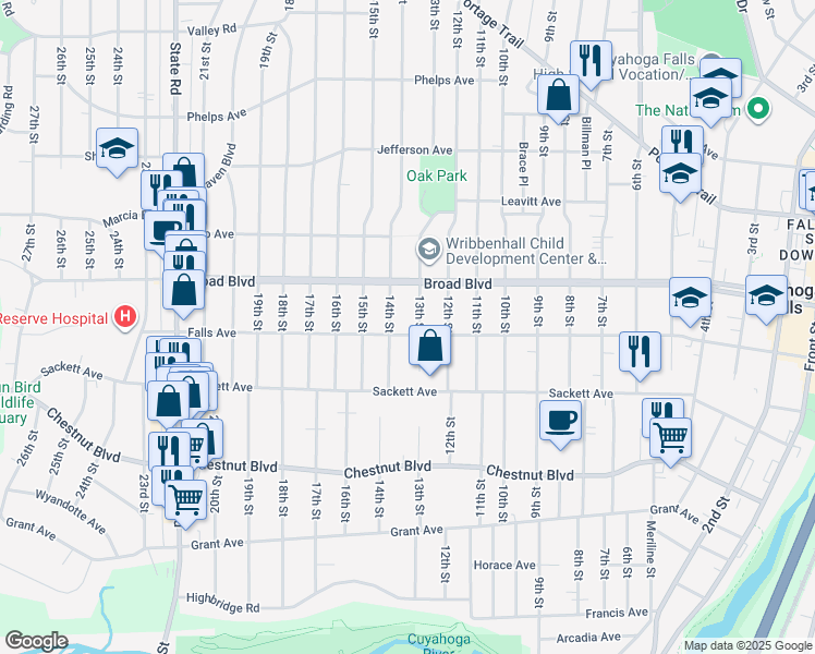 map of restaurants, bars, coffee shops, grocery stores, and more near 1319 Falls Ave in Cuyahoga Falls