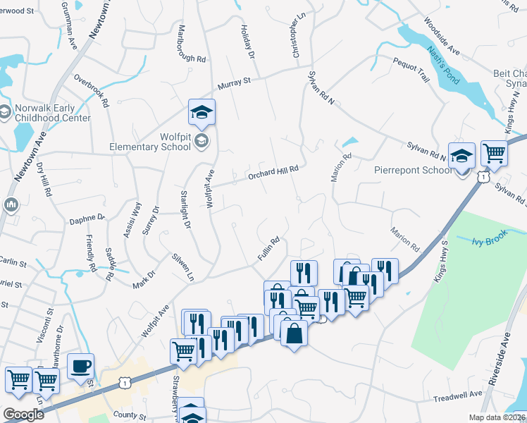 map of restaurants, bars, coffee shops, grocery stores, and more near 17 Cider Lane in Norwalk