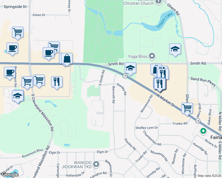 map of restaurants, bars, coffee shops, grocery stores, and more near 3488 Bancroft Road in Fairlawn